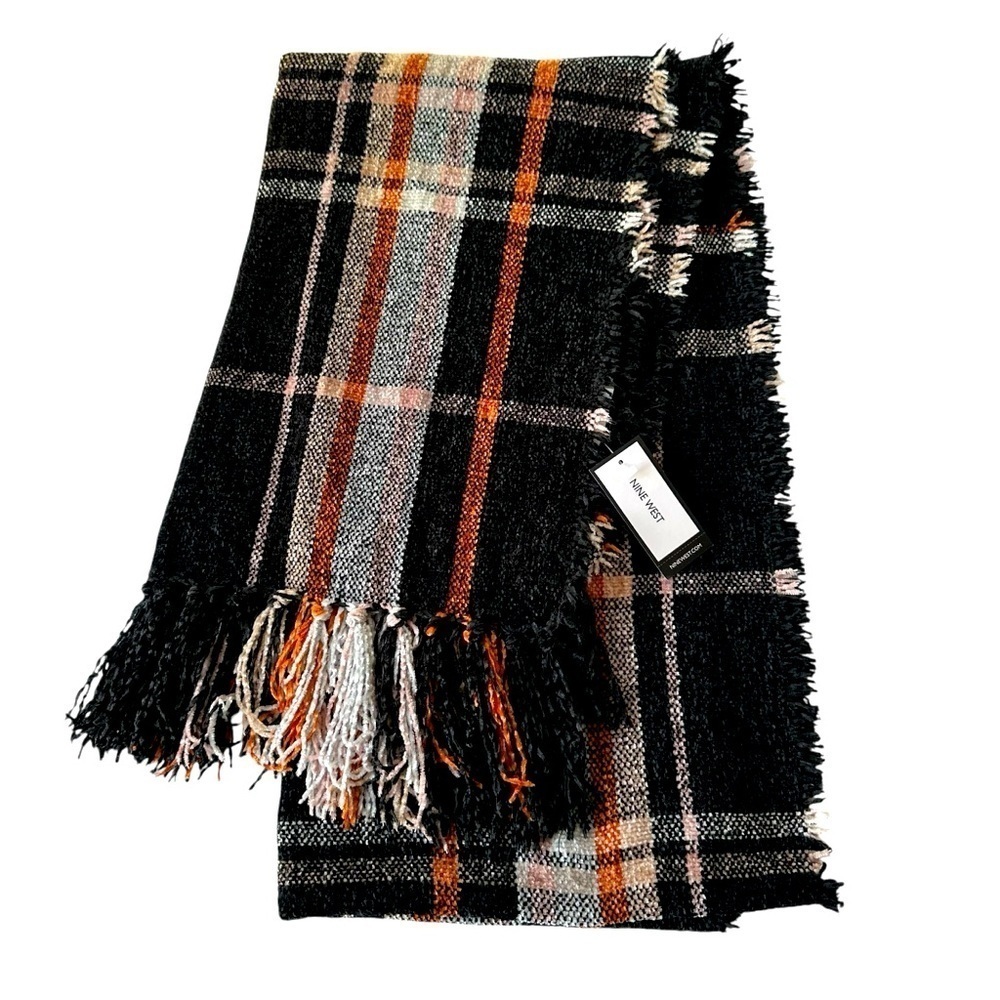 Nine West Cozy Black and Orange Oversized Fringed Scarf